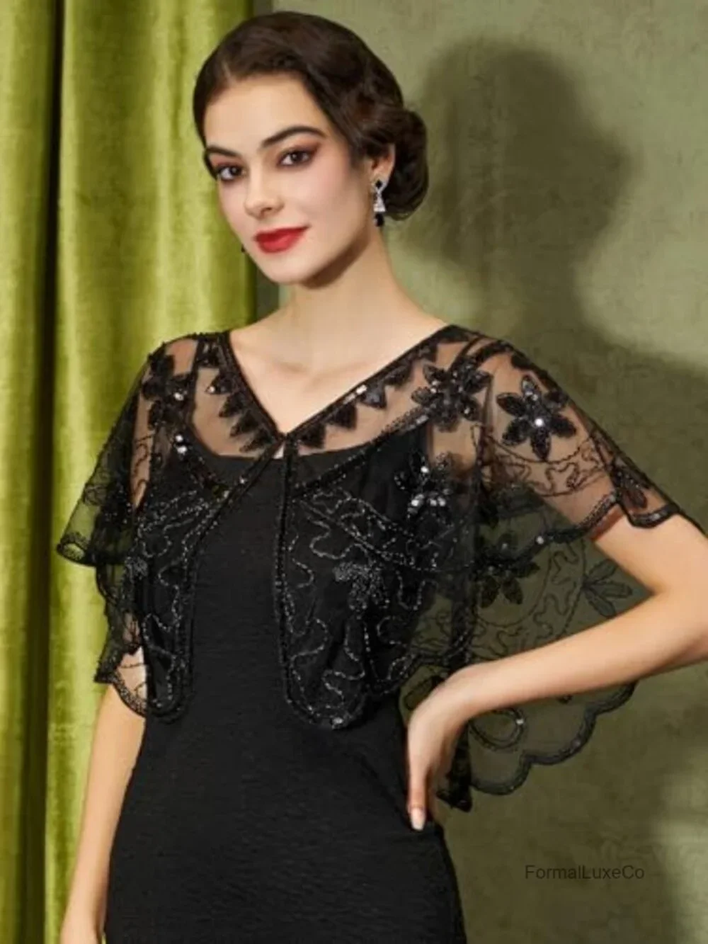 1920s Sequin Flapper Shawl Wrap Sheer Evening Cape Gatsby Party
